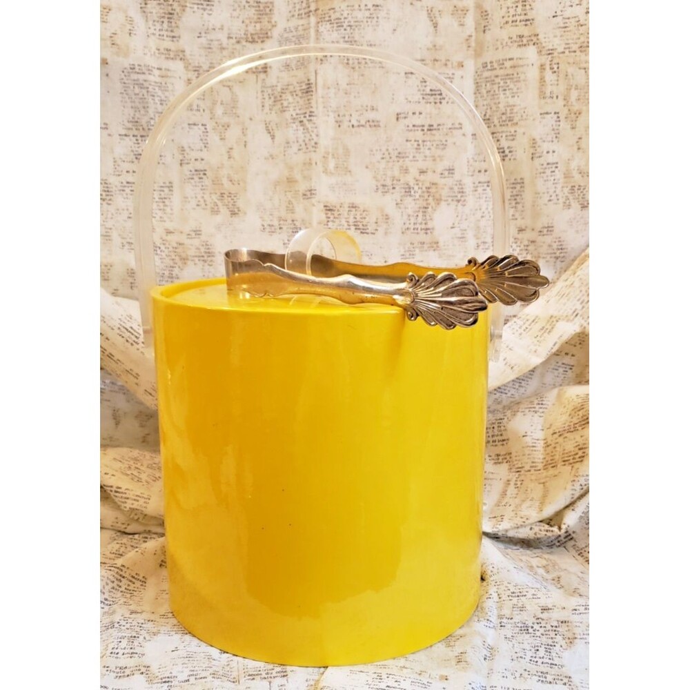 Vintage - MCM Style Bright Yellow Ice Bucket with Ice Tongs - Lucite and Vinyl